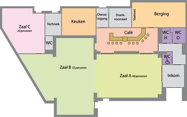 Plattegrond van OC De Kronkel met zaal A, zaal B, zaal C, de keuken, het café, de inkom en de berging.